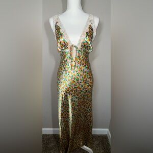 Women’s Satin Lace Trim Midi Slip Floral Dress